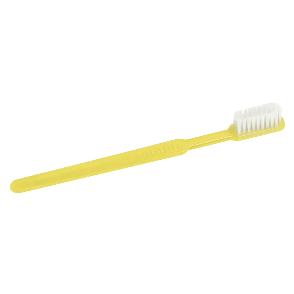 Une brosse à dents jetable jaune AMPri MED-COMFORT Dental PS avec dentifrice en plastique avec des poils blancs est présentée sur un fond blanc simple, soulignant la commodité dans le soin dentaire.