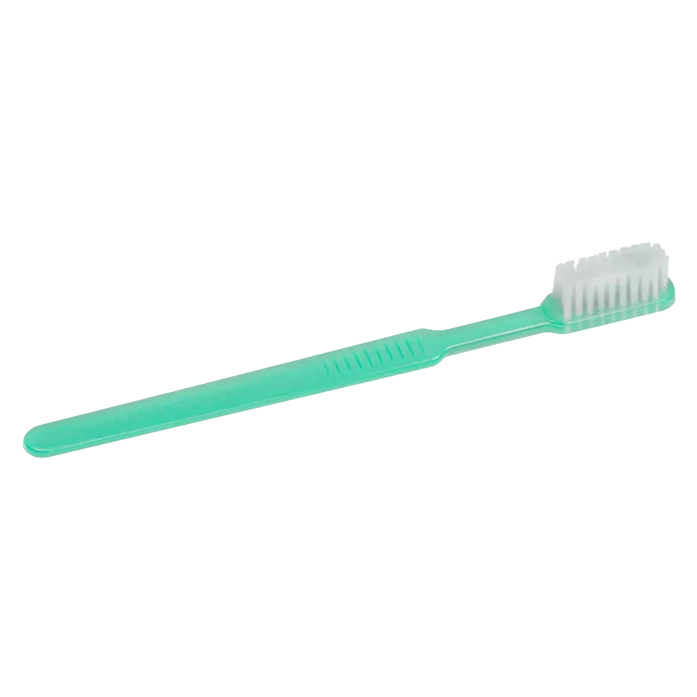 Une brosse à dents jetable verte AMPri MED-COMFORT Dental PS de la société commerciale AMPri Handelsgesellschaft mbH dispose de poils blancs et d'un manche plat, et est idéale pour les voyages grâce à sa simplicité compacte.