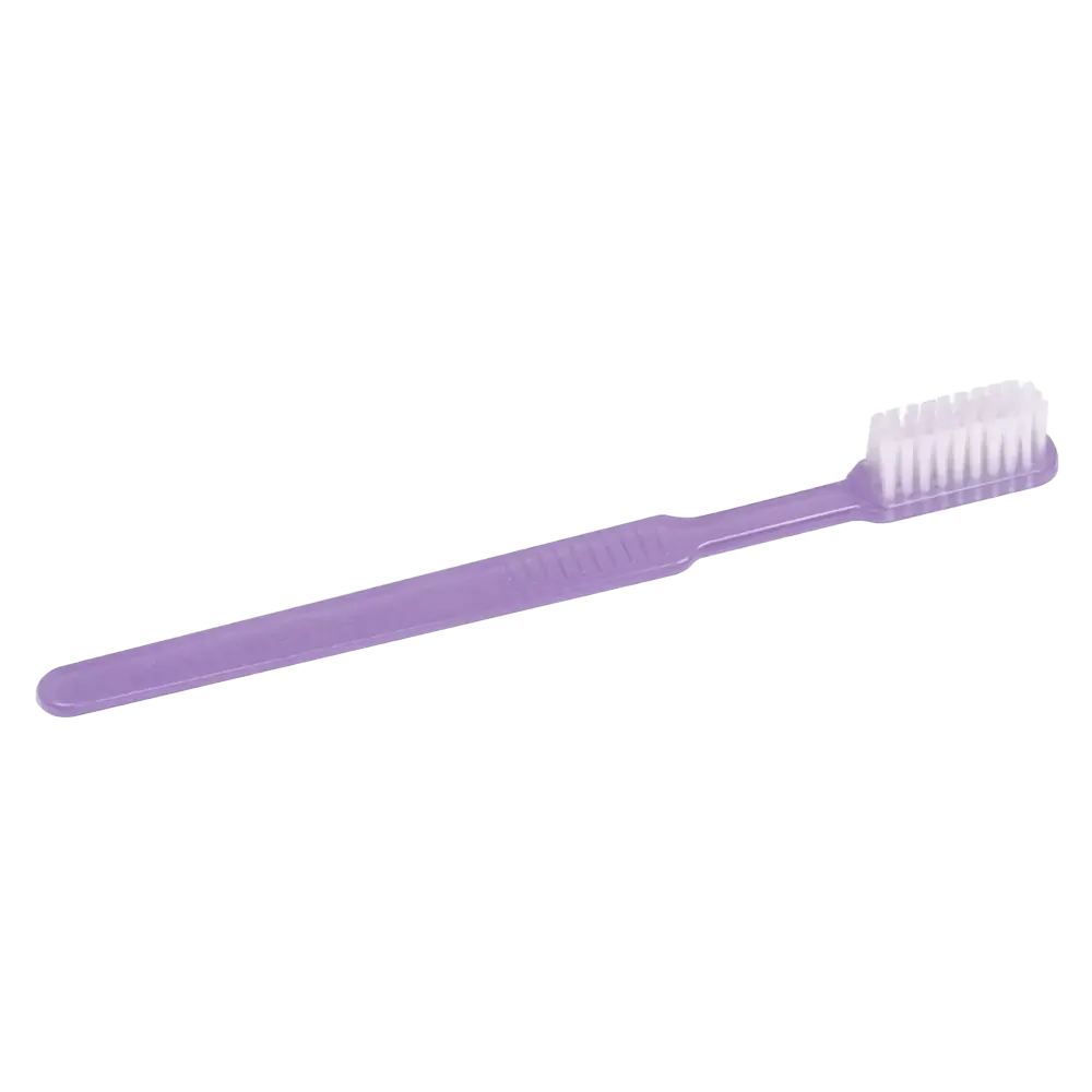 Sur un fond blanc, une brosse à dents jetable violette AMPri MED-COMFORT Dental PS avec un long manche droit et des poils blancs est visible - idéale pour le soin dentaire en voyage.
