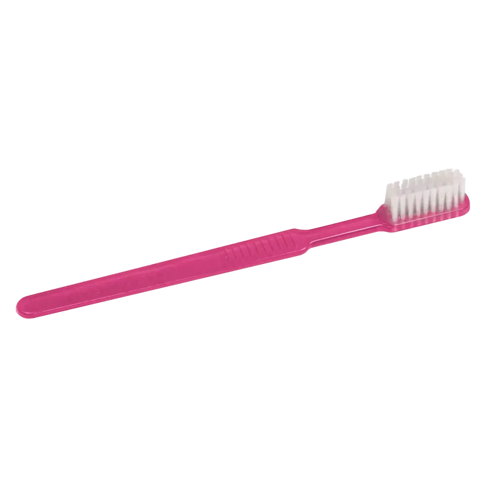 Sur un fond blanc éclatant, une brosse à dents jetable rose AMPri MED-COMFORT Dental PS avec un manche droit et des poils blancs est visible.