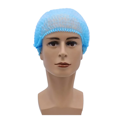L'image montre une tête de mannequin avec un filet à cheveux jetable MED-COMFORT Klipphaube 52 cm de la société AMPri Handelsgesellschaft mbH en bleu clair. La tête a une surface propre et lisse et des traits de visage neutres, positionnés devant un fond blanc simple, offrant ainsi une protection hygiénique.