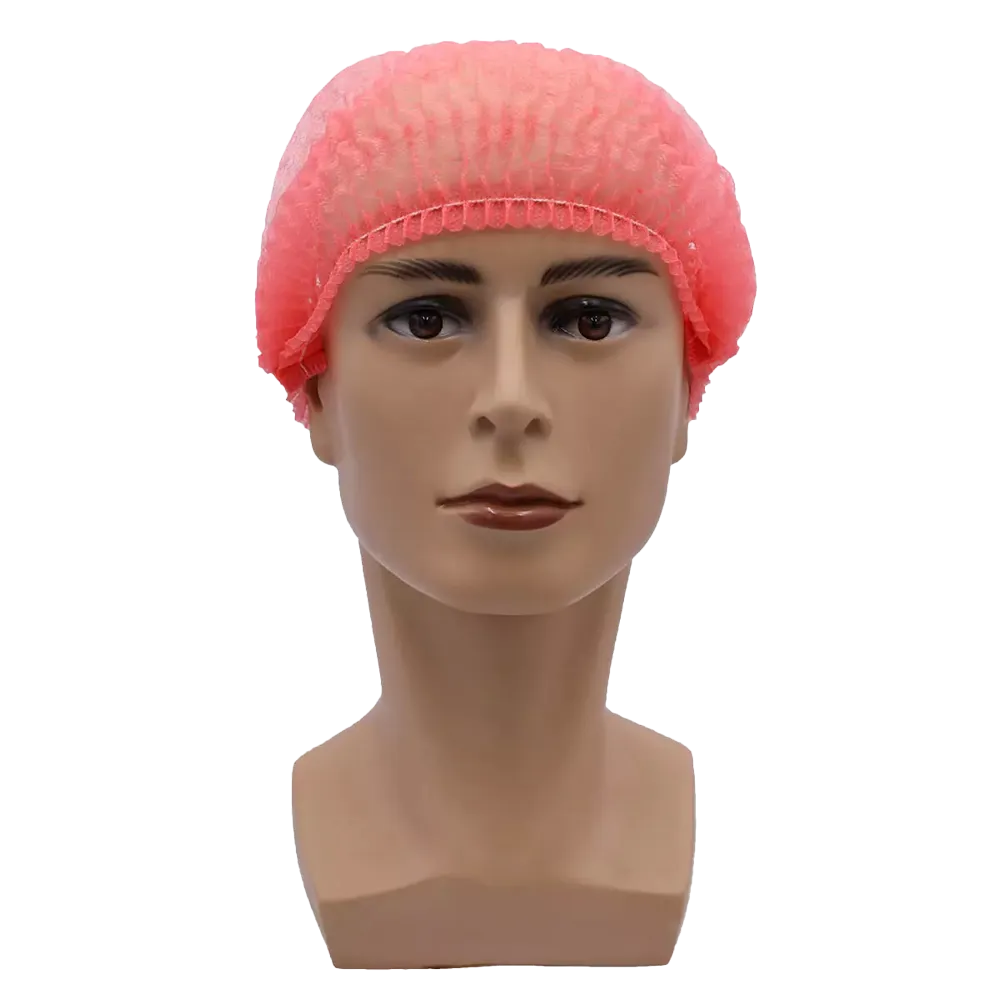 Une tête de mannequin avec une Klipphaube rose AMPri MED-COMFORT 52 cm de AMPri Handelsgesellschaft mbH montre une expression faciale neutre. La casquette en polypropylène offre une protection hygiénique grâce à son ajustement élastique sécurisé devant un fond blanc simple.