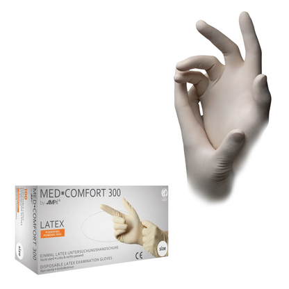 Une boîte de gants en latex AMPri MED-COMFORT sans poudre, blanc (100 pièces) est affichée à côté d'une main portant l'un des gants et faisant un geste "OK". Ces gants sans poudre de AMPri Handelsgesellschaft mbH assurent un travail hygiénique.