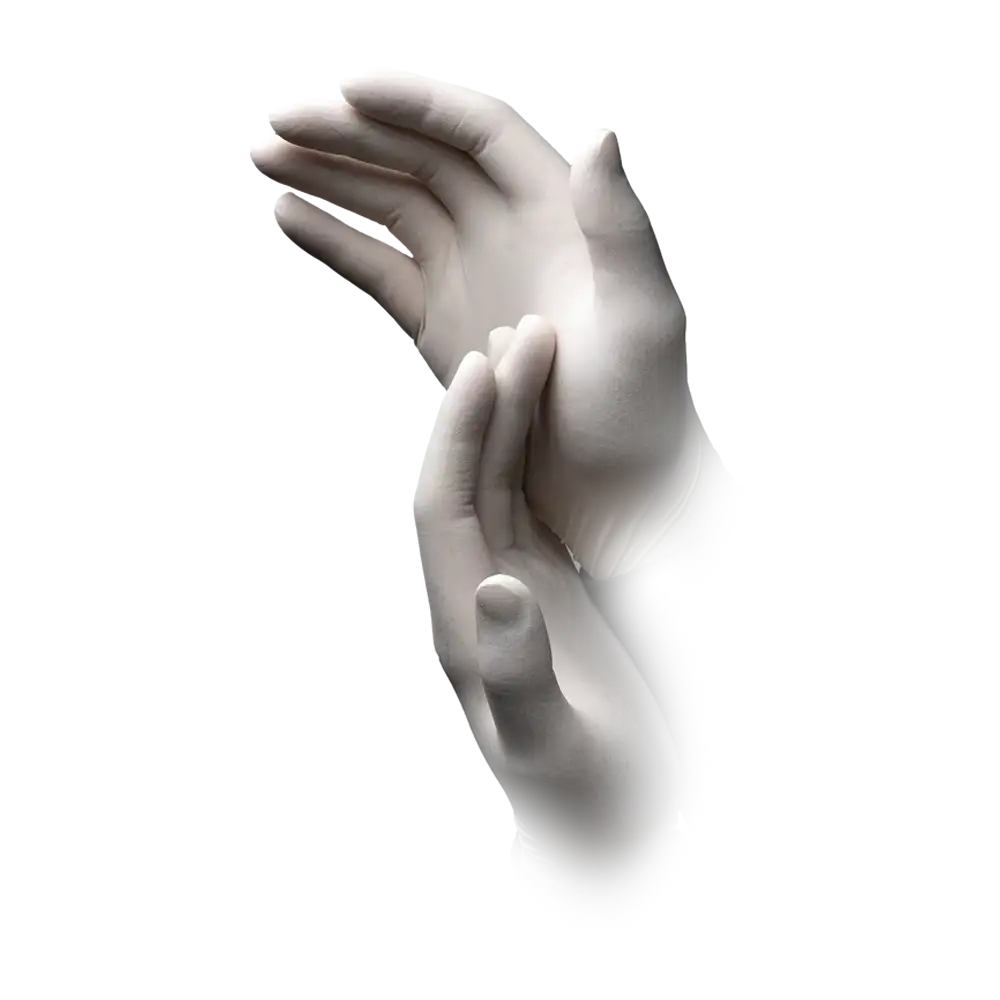 Une représentation 3D de deux mains dans un style blanc translucide, rappelant les gants en latex AMPri MED-COMFORT sans poudre, blanc de AMPri Handelsgesellschaft mbH. Les doigts sont légèrement fléchis et les mains se font face, avec une main légèrement au-dessus de l'autre. L'image a une apparence lisse et éthérée, rappelant des pratiques de travail hygiéniques.
