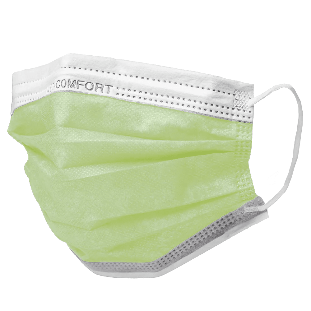 Le masque AMPri MED-COMFORT OP Type IIR de couleur vert clair avec des boucles d'oreilles et une bordure blanche est un produit jetable plissé pour couvrir le nez et la bouche. Il porte l'inscription « COMFORT » sur le bord supérieur et est livré par la société commerciale AMPri dans une boîte de 50 pièces.