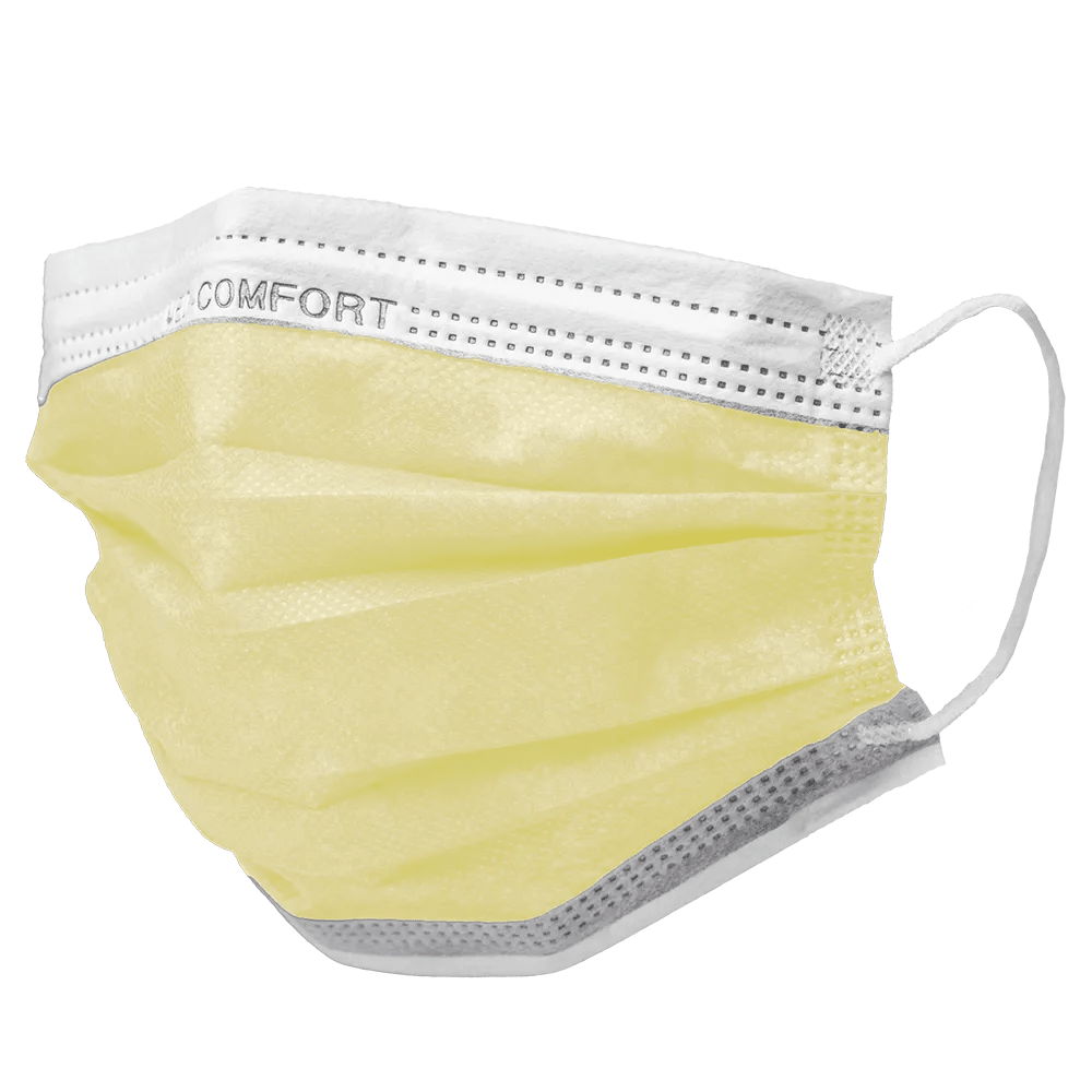 Un masque chirurgical AMPri MED-COMFORT de type IIR en jaune avec des boucles d'oreilles et un bord supérieur blanc avec le mot imprimé « COMFORT ». Ce masque facial jetable, vendu par AMPri Handelsgesellschaft mbH, est plissé, légèrement texturé et conçu comme un produit jetable pour une utilisation pratique.