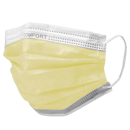 Un masque chirurgical AMPri MED-COMFORT de type IIR en jaune avec des boucles d'oreilles et un bord supérieur blanc avec le mot imprimé « COMFORT ». Ce masque facial jetable, vendu par AMPri Handelsgesellschaft mbH, est plissé, légèrement texturé et conçu comme un produit jetable pour une utilisation pratique.