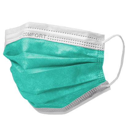 Le masque AMPri MED-COMFORT OP Type IIR en bleu-vert de la société commerciale AMPri dispose de boucles d'oreilles élastiques blanches et d'un bord supérieur texturé. Le mot « COMFORT » est imprimé en haut à gauche. Cette protection bouche-nez a plusieurs plis pour l'extension et la couverture. Disponible dans une boîte de 50 pièces.
