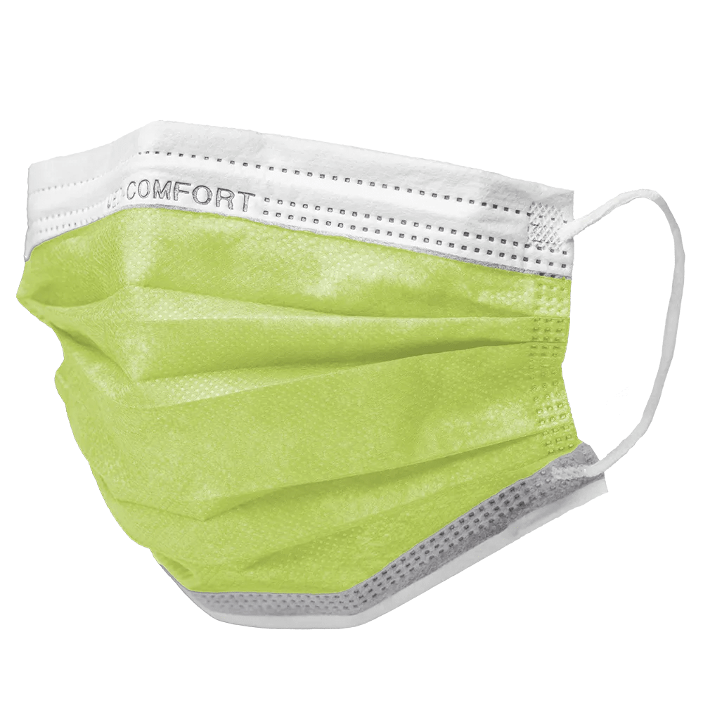 Un masque facial AMPri MED-COMFORT OP Type IIR vert clair avec des boucles d'oreilles blanches et une bande supérieure blanche avec l'inscription « COMFORT ». Le masque dispose de couches plissées et d'un design profilé typique des produits jetables de protection bouche-nez chirurgicaux ou médicaux. Il est disponible en différentes couleurs et est livré dans une boîte de 50 pièces par la société commerciale AMPri.