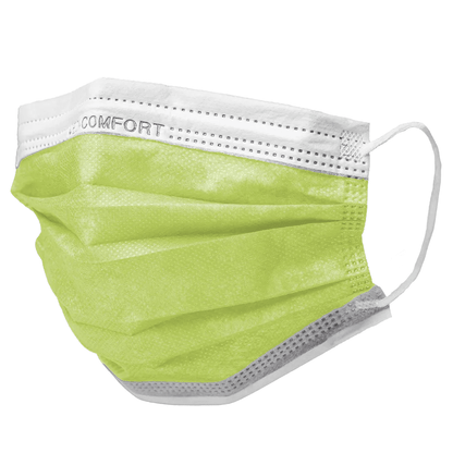 Un masque facial AMPri MED-COMFORT OP Type IIR vert clair avec des boucles d'oreilles blanches et une bande supérieure blanche avec l'inscription « COMFORT ». Le masque dispose de couches plissées et d'un design profilé typique des produits jetables de protection bouche-nez chirurgicaux ou médicaux. Il est disponible en différentes couleurs et est livré dans une boîte de 50 pièces par la société commerciale AMPri.