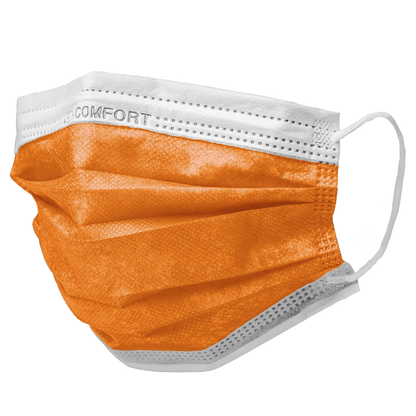 Un masque de protection jetable orange avec des bords et des boucles d'oreilles blancs est représenté. Le masque AMPri MED-COMFORT OP Type IIR disponible en différentes couleurs dispose de couches plissées et d'une étiquette sur le bord blanc supérieur avec l'inscription « ICU COMFORT ». Ce produit jetable de la société commerciale AMPri offre une protection fiable de la bouche et du nez pour un usage quotidien.