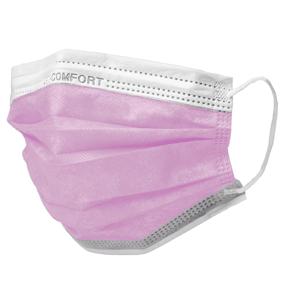 Le masque AMPri MED-COMFORT OP Type IIR de la société commerciale AMPri est un masque facial jetable combinant tissu blanc et rose. Il a des boucles d'oreilles des deux côtés et porte le mot « COMFORT » sur le bord supérieur. Cette protection bouche-nez légère et respirante est conçue pour une utilisation confortable en tant que produit jetable et est disponible dans une boîte de 50 masques.