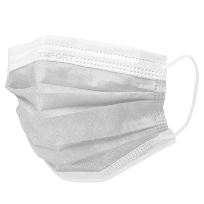 Un masque AMPri MED-COMFORT OP Type IIR gris à usage unique avec des boucles d'oreilles, en apparence plissée. Le bord supérieur de cette protection bouche-nez de la société commerciale AMPri est imprimé du mot « COMFORT ». Le matériau semble être en tissu non tissé. Disponible dans une boîte de 50 pièces et en différentes couleurs.