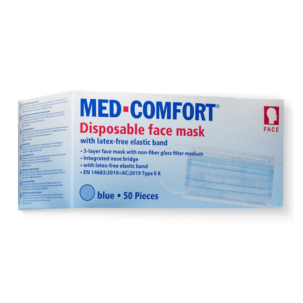 Image d'une boîte de masques AMPri MED-COMFORT OP Type IIR, de différentes couleurs. La boîte est principalement blanche avec du texte bleu et des détails. Elle contient 50 pièces et dispose d'un masque à 3 couches avec un élastique sans latex, une barrette nasale intégrée et une certification de type IIR par la société commerciale AMPri.