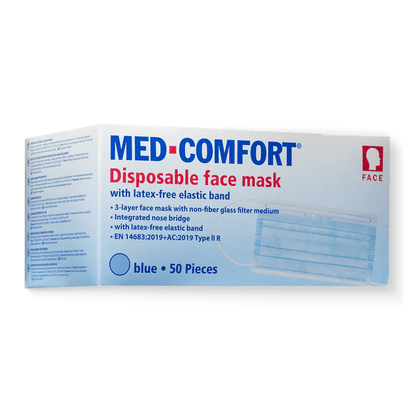 Image d'une boîte de masques AMPri MED-COMFORT OP Type IIR, de différentes couleurs. La boîte est principalement blanche avec du texte bleu et des détails. Elle contient 50 pièces et dispose d'un masque à 3 couches avec un élastique sans latex, une barrette nasale intégrée et une certification de type IIR par la société commerciale AMPri.