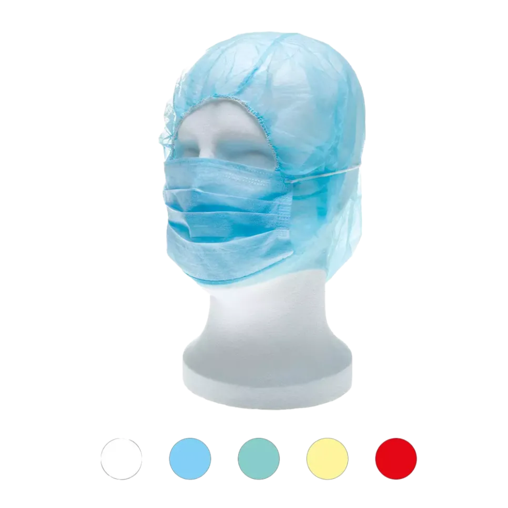 Une tête de poupée blanche porte une coiffe et un masque médicaux jetables bleus, semblables à la coiffe d'astronaute AMPri MED-COMFORT PP avec protection faciale. Sous la poupée, cinq petits cercles de différentes couleurs sont visibles : blanc, bleu clair, bleu, jaune et rouge, soulignant la polyvalence de ce produit jetable en polypropylène de AMPri Handelsgesellschaft mbH.