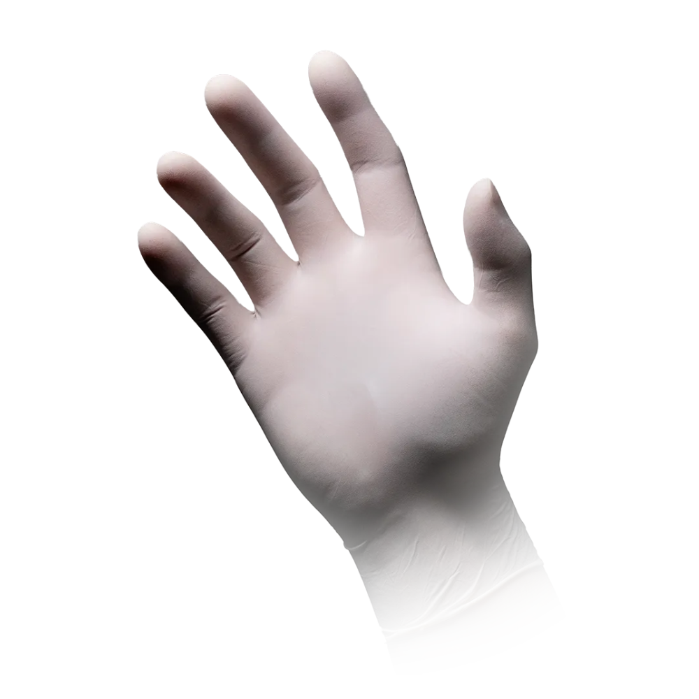 Eine erhobene Hand trägt einen puderfreien, weißen AMPri MED-COMFORT Premium Grip Latexhandschuh vor einem schlichten weißen Hintergrund. Der Handschuh sitzt eng und bedeckt die gesamte Hand und das Handgelenk, perfekt für den professionellen Einsatz.