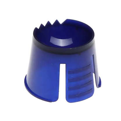 Un conteneur Dappen jetable AMPri PP bleu et rond en polypropylène avec des bords dentelés et des fentes verticales, qui rappelle un dé à coudre renversé.