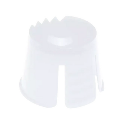 Un article en plastique blanc de forme cylindrique avec des bords ondulés, qui ressemble au conteneur Dappen jetable AMPri PP de la AMPri Handelsgesellschaft mbH. Il est fabriqué en polypropylène, a un dessus ouvert et des fentes verticales sur les côtés, généralement utilisées pour portionner et mélanger des matériaux dentaires.