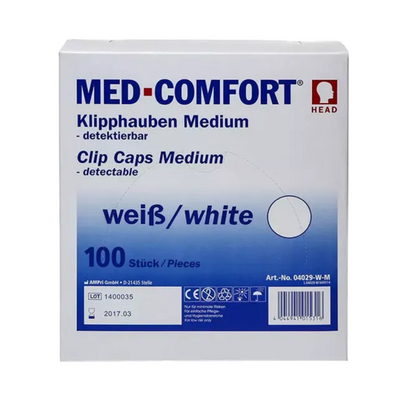 Une boîte de coiffe AMPri PP détectable de taille moyenne, couleur blanche, est faite de polypropylène pour une durabilité accrue. L'emballage confirme qu'il s'agit de coiffes à clip détectables et contient 100 pièces. Le numéro de modèle 04209-W-M est clairement indiqué à côté des logos et des détails du produit pour garantir le respect des normes d'hygiène.