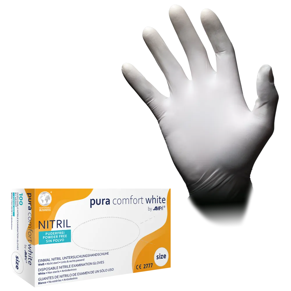 Gants en nitrile blancs de la société commerciale AMPri mbH dans une boîte avec l'inscription « AMPri Puracomfort WHITE Nitrilhandschuhe, Weiß » et des détails sur le produit en plusieurs langues. La boîte indique que les gants sont ambidextres, à usage unique, sans poudre et adaptés à la protection lors des examens.