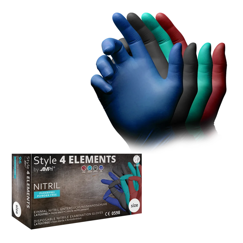 Une boîte portant l'inscription « AMPri STYLE 4 ELEMENTS gants en nitrile sans poudre, mélange de couleurs » de la AMPri Handelsgesellschaft mbH contient des gants jetables en nitrile bleus, noirs, verts et rouges. Au-dessus de la boîte, on peut voir des images d'une main portant un gant de chaque couleur. Le texte sur la boîte souligne que les gants sont sans poudre et résistants à divers produits chimiques.