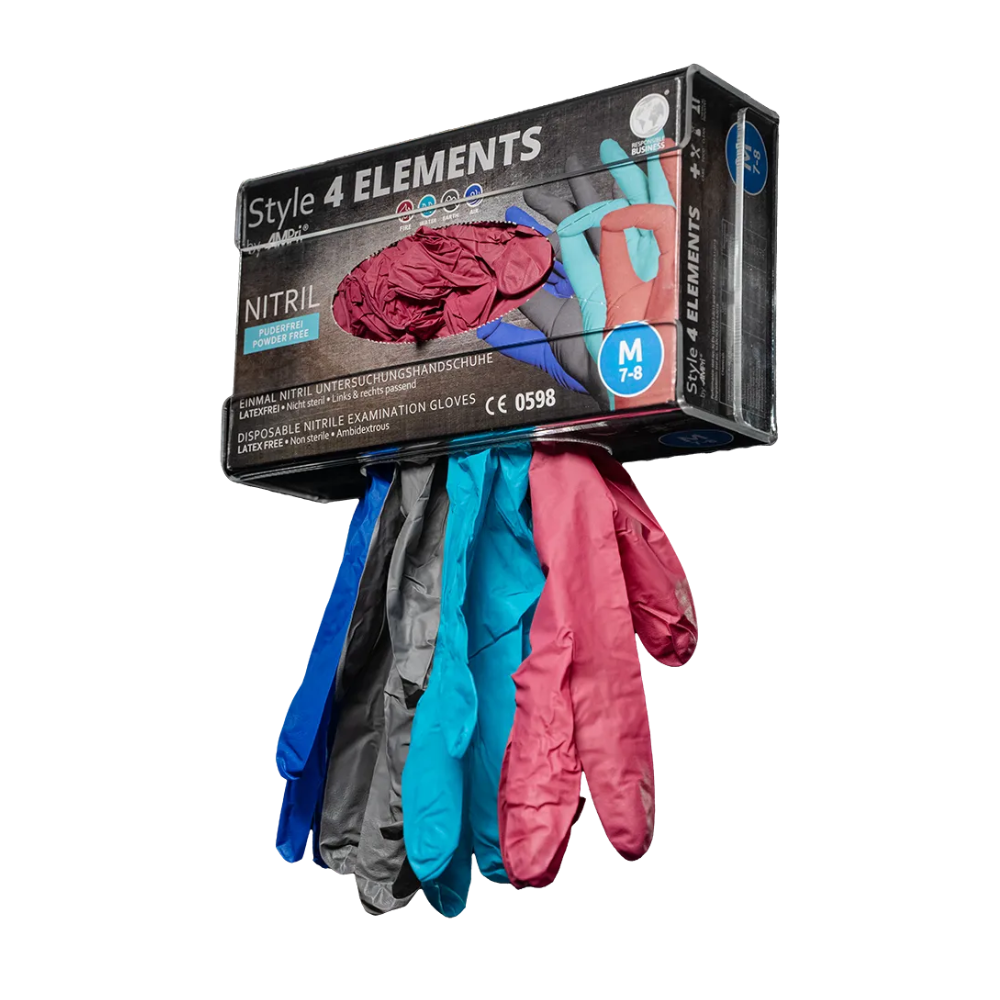 Une boîte ouverte de gants en nitrile AMPri STYLE 4 ELEMENTS sans poudre, mélange de couleurs de AMPri Handelsgesellschaft mbH montre des gants en quatre couleurs différentes – bleu, gris, rose et violet. La boîte est marquée d'un « M » pour la taille moyenne et indique que les gants sont certifiés CE et sans poudre.