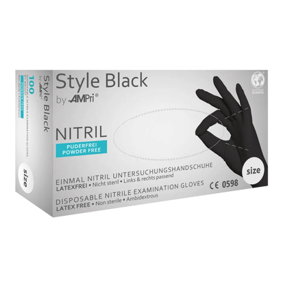 Une boîte blanche avec l'inscription « AMPri STYLE BLACK Gants en nitrile sans poudre de MED-COMFORT, Noir » de la société commerciale AMPri contient des gants en nitrile noirs jetables, qui sont sans poudre, non stériles, sans latex et ambidextres. La boîte montre une image d'une main portant un gant noir.