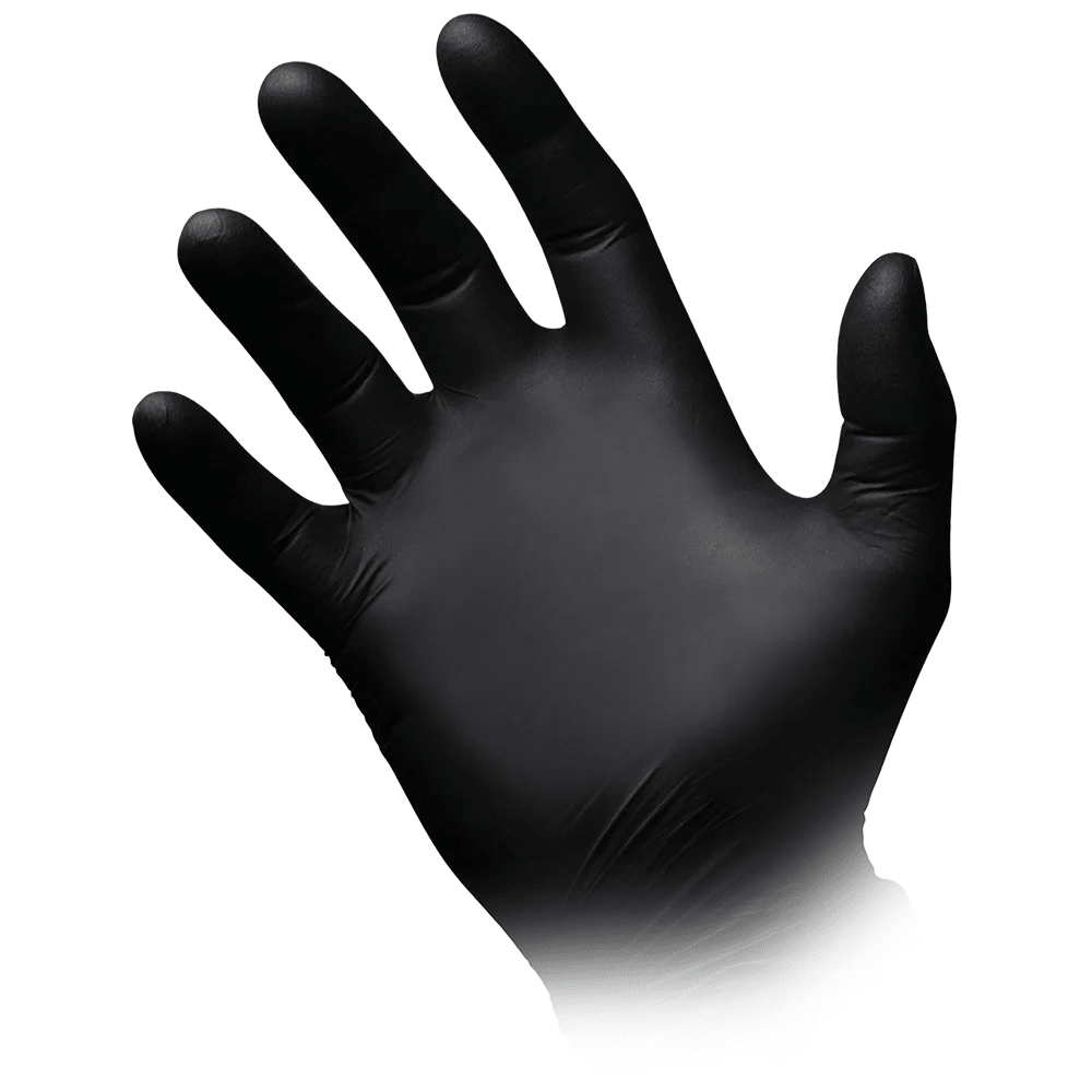 Sur un fond blanc simple, on voit une main noire ressemblant au gant élégant AMPri STYLE BLACK en nitrile sans poudre de MED-COMFORT de la société commerciale AMPri. Le gant couvre toute la main avec les doigts légèrement écartés. Le matériau semble lisse et s'adapte à la forme de la main.