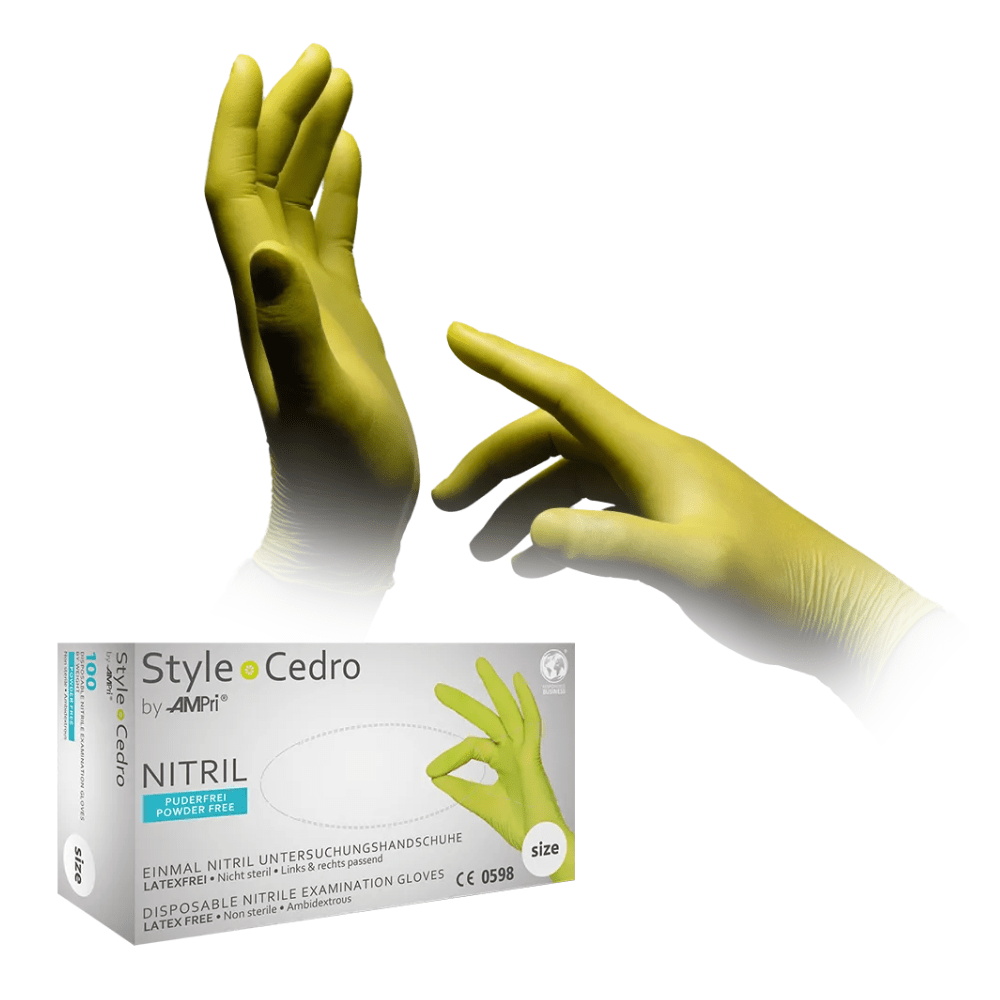 L'image montre une paire de gants d'examen en nitrile verts avec l'inscription "AMPri STYLE CEDRO", portés sur deux mains. Sous les mains se trouve une boîte de ces gants en nitrile AMPri STYLE CEDRO sans poudre de MED-COMFORT, indiquant qu'il s'agit de gants jetables sans poudre et sans latex de tailles 8-9.
