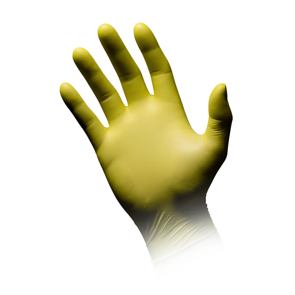 Une main vêtue d'un gant en nitrile vert AMPri STYLE CEDRO sans poudre de MED-COMFORT est représentée sur un fond blanc, avec la paume tournée vers le spectateur et les doigts écartés. Le gant semble être en matériau nitrile.
