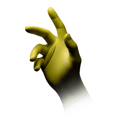 Sur un fond blanc, on voit une main droite levée avec un gant en nitrile AMPri STYLE CEDRO sans poudre de MED-COMFORT en vert. La main est partiellement fermée en poing, le pouce, l'index et le majeur sont tendus.