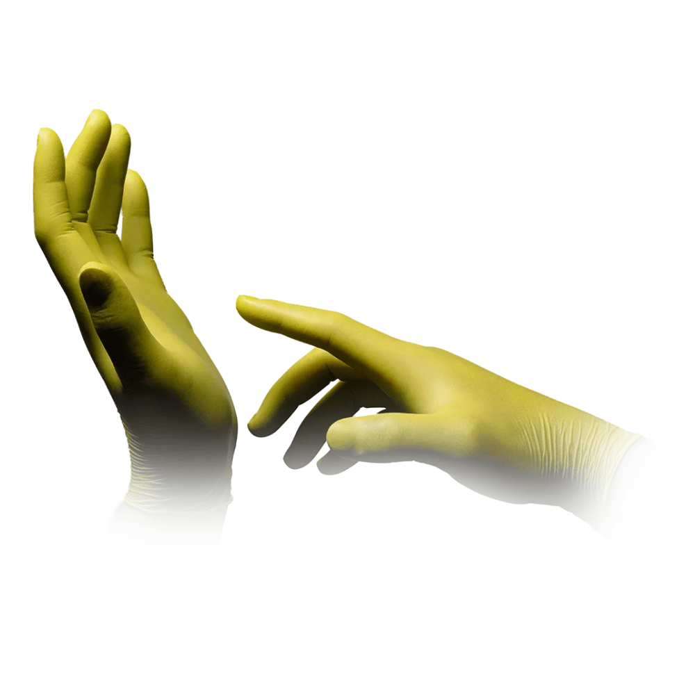 Une image montre deux mains portant des gants en nitrile vert clair AMPri STYLE CEDRO sans poudre de MED-COMFORT de la société AMPri Handelsgesellschaft mbH. La main gauche est ouverte et pointe les doigts vers le haut, tandis que la main droite, également avec des gants jetables, tend un doigt vers l'extérieur sur la gauche. L'arrière-plan est blanc.