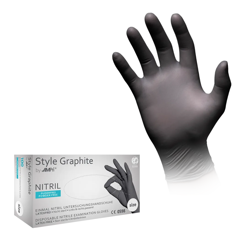 Illustration d'un gant d'examen jetable noir en nitrile porté sur une main. Dans le coin inférieur gauche de la boîte à gants, il est indiqué « AMPri STYLE GRAPHITE gants en nitrile sans poudre de MED-COMFORT » et il est mentionné que le gant est sans poudre et sans latex. La taille indiquée est « M » (Moyen). Les gants sont de couleur anthracite et sont fabriqués par AMPri Handelsgesellschaft mbH.