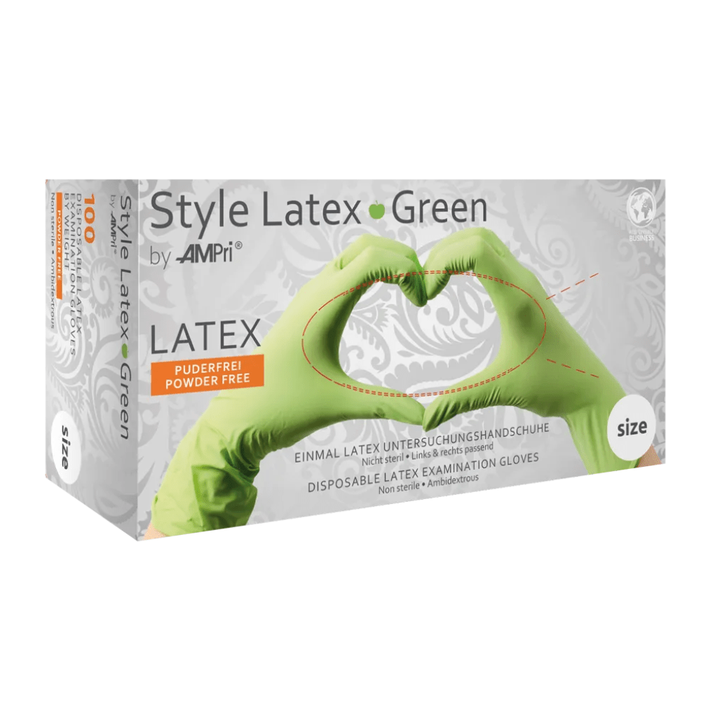 Les gants en latex AMPri STYLE GREEN non poudrés de la marque MED-COMFORT, commercialisés par la société AMPri Handelsgesellschaft mbH, sont livrés dans une boîte de 100 pièces. L'emballage représente des mains qui, une fois enfilées, forment un cœur avec ces gants verts. Ces gants sont non poudrés, à usage unique et non stériles.