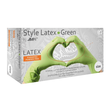 Les gants en latex AMPri STYLE GREEN non poudrés de la marque MED-COMFORT, commercialisés par la société AMPri Handelsgesellschaft mbH, sont livrés dans une boîte de 100 pièces. L'emballage représente des mains qui, une fois enfilées, forment un cœur avec ces gants verts. Ces gants sont non poudrés, à usage unique et non stériles.