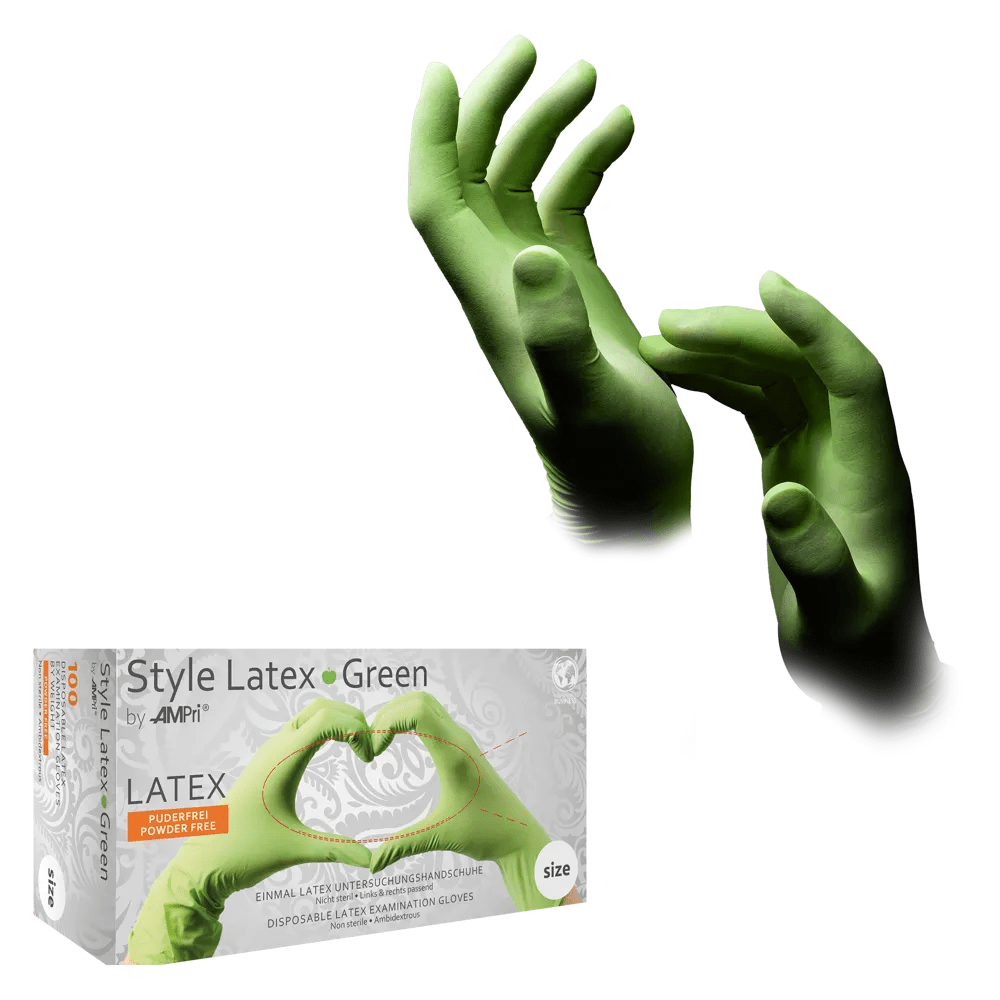 La photo représente une paire de gants en latex verts aux doigts légèrement recourbés. En dessous, un emballage portant la mention « AMPri STYLE GREEN » de la société AMPri Handelsgesellschaft mbH présente ces gants de protection contre les produits chimiques comme étant en latex, non poudrés et à usage unique, conditionnés par lot de 100 pièces.