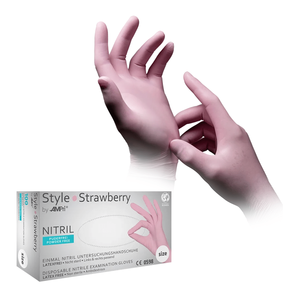 L'image montre une personne portant des gants d'examen en nitrile rose. Sous ses mains se trouve une boîte avec l'inscription « AMPri STYLE STRAWBERRY » de la société AMPri Handelsgesellschaft mbH, marquée comme sans poudre, sans latex et destinée à un usage unique. Ces gants en nitrile AMPri STYLE STRAWBERRY sans poudre de MED-COMFORT en rose sont idéaux pour le respect de l'hygiène.