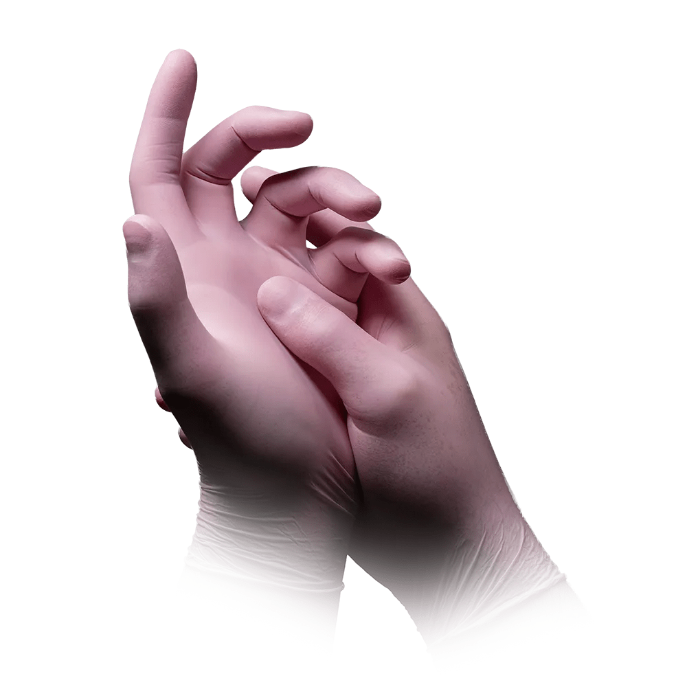 Un couple de mains portant des gants en nitrile AMPri STYLE STRAWBERRY sans poudre de MED-COMFORT, Rose, de la société AMPri Handelsgesellschaft mbH est illustré. Une main serre doucement l'autre poignet devant un fond blanc simple.