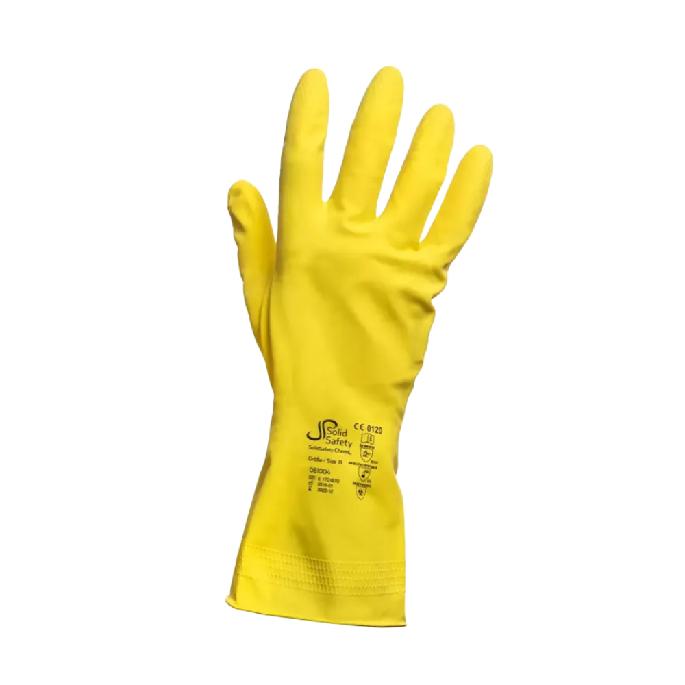 Les gants de protection chimique AMPri SolidSafety ChemL, conçus pour l'industrie alimentaire et disponibles en tailles S à L, sont des gants en caoutchouc jaunes de AMPri Handelsgesellschaft mbH. Ils sont dotés de textes et de symboles visibles sur la manchette et sont présentés sur un fond blanc avec une main ouverte et les doigts étendus.