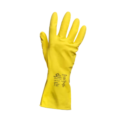 Les gants de protection chimique AMPri SolidSafety ChemL, conçus pour l'industrie alimentaire et disponibles en tailles S à L, sont des gants en caoutchouc jaunes de AMPri Handelsgesellschaft mbH. Ils sont dotés de textes et de symboles visibles sur la manchette et sont présentés sur un fond blanc avec une main ouverte et les doigts étendus.