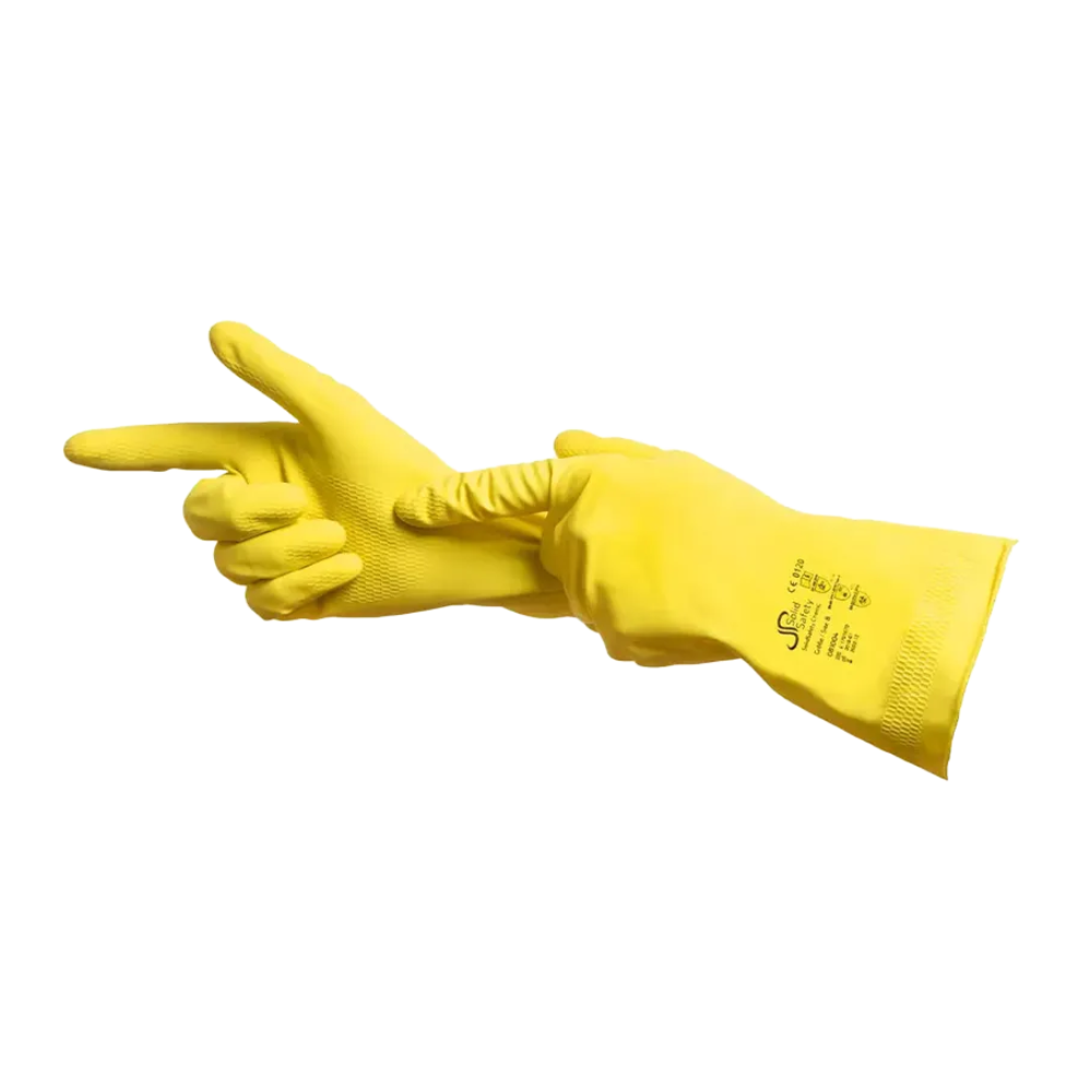 Une paire de gants de protection chimique jaunes AMPri SolidSafety ChemL, fabriqués par AMPri Handelsgesellschaft mbH, est dotée d'un texte sur la zone du poignet du gant droit, ce qui les rend idéaux pour une utilisation dans l'industrie alimentaire. Les gants sont présentés de manière à ce qu'une main soit tournée vers l'extérieur et l'autre ajuste la zone du poignet.