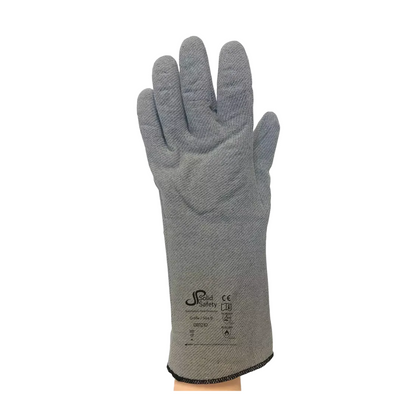 Les gants de protection contre la chaleur AMPri SolidSafety, disponibles en tailles L à XXL, sont des gants de protection gris de la société commerciale AMPri. Ils disposent d'une surface texturée et s'étendent jusqu'au poignet. Les logos noirs et les marques de sécurité au poignet assurent une protection maximale contre la chaleur. Sur fond blanc, ces gants offrent une protection fiable contre la chaleur.