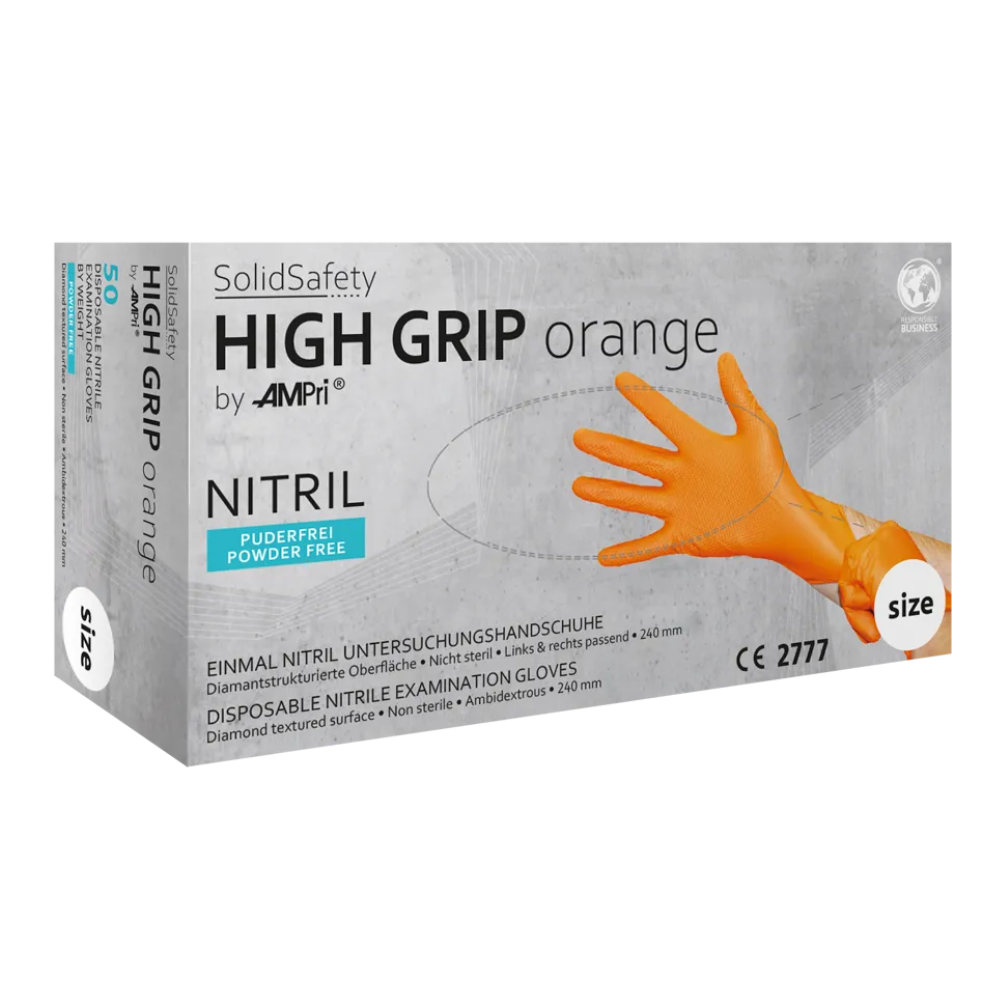 Boîte de gants de protection chimique en nitrile SolidSafety High Grip orange d'AMPri. Ces gants non stériles ont une surface texturée en diamant sans poudre et conviennent aux deux mains. Étiquetés en plusieurs langues avec des informations sur les tailles, CE 2777 et des symboles alimentaires pour une utilisation dans l'industrie alimentaire.