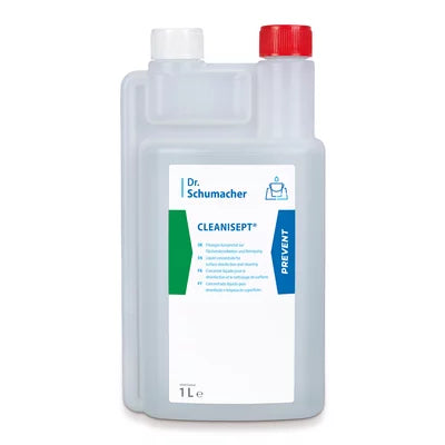 Une bouteille d'un litre de désinfection et nettoyage de surfaces Dr. Schumacher Cleanisept® de Dr. Schumacher GmbH avec un corps blanc, un bouchon rouge-blanc et une étiquette bleu-vert pour le nettoyage efficace des dispositifs médicaux.
