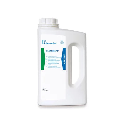 Conteneur en plastique blanc de 2 litres de désinfection et nettoyage de surfaces Dr. Schumacher Cleanisept® de Dr. Schumacher GmbH avec une grande poignée, un bouchon à vis et une étiquette blanc-bleu pour une désinfection efficace des dispositifs médicaux.