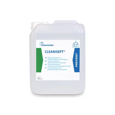 Un conteneur en plastique de 5 litres de Dr. Schumacher GmbH Cleanisept® désinfection et nettoyage de surfaces, avec une étiquette blanc-bleu avec des accents verts et des informations produit multilingues. Parfait pour la désinfection des surfaces et des dispositifs médicaux.