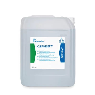 Un conteneur transparent de 10 litres de Dr. Schumacher GmbH avec l'inscription "Dr. Schumacher Cleanisept® désinfection et nettoyage de surfaces", utilisé pour la désinfection et le nettoyage des surfaces médicales, avec une étiquette blanc-bleu indiquant les données du produit.