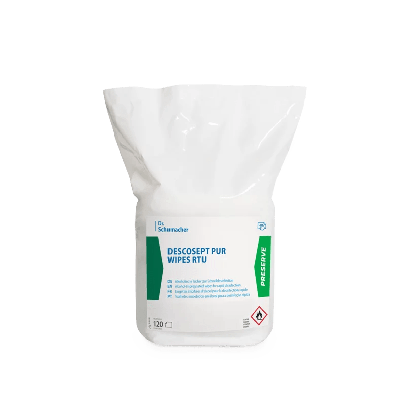 L'emballage en plastique blanc des lingettes désinfectantes Dr. Schumacher Descosept Pur Wipes RTU (120 pièces) de Dr. Schumacher GmbH présente des accents bleus et verts ainsi que des instructions de sécurité et d'utilisation pour la désinfection rapide sur l'emballage.