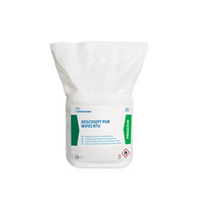 Die weiße Kunststoffpackung der Dr. Schumacher Descosept Pur Wipes RTU Desinfektionstücher (120 Stück) der Dr. Schumacher GmbH hat blaue und grüne Akzente sowie Sicherheits- und Anwendungshinweise für Schnelldesinfektion auf der Verpackung.